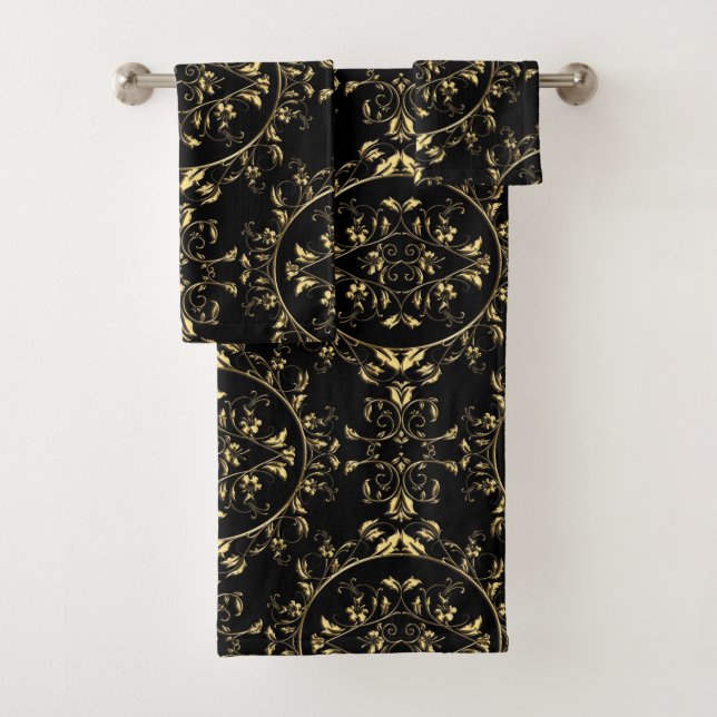 Gold Floral Damask on Black Towel Set (Insitu)