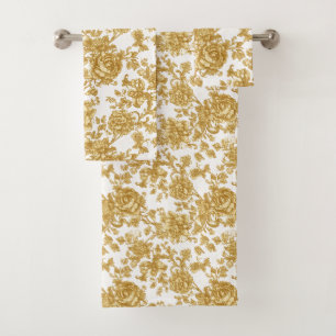 Gold Floral Damask Peony Rose  Bath Towel Set