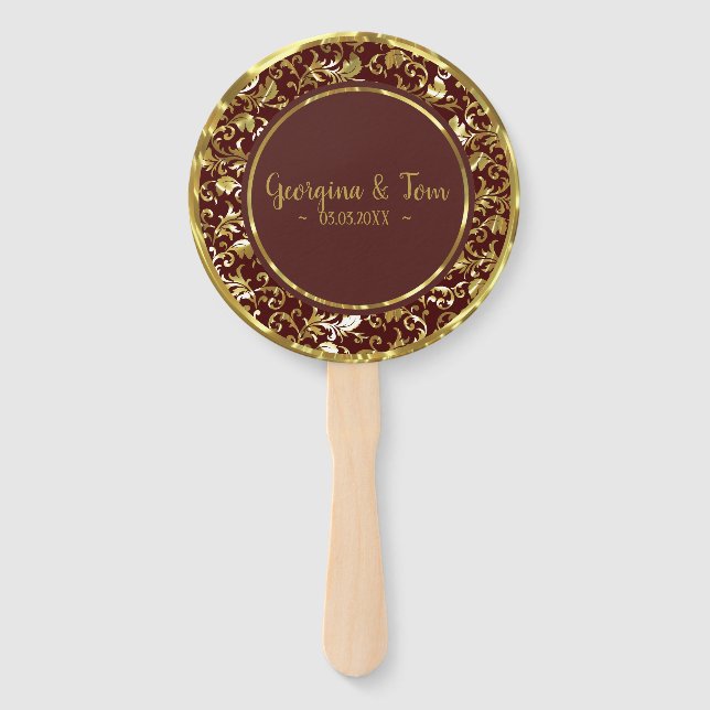 Gold Floral Damask- Save the Date Hand Fan (Front)