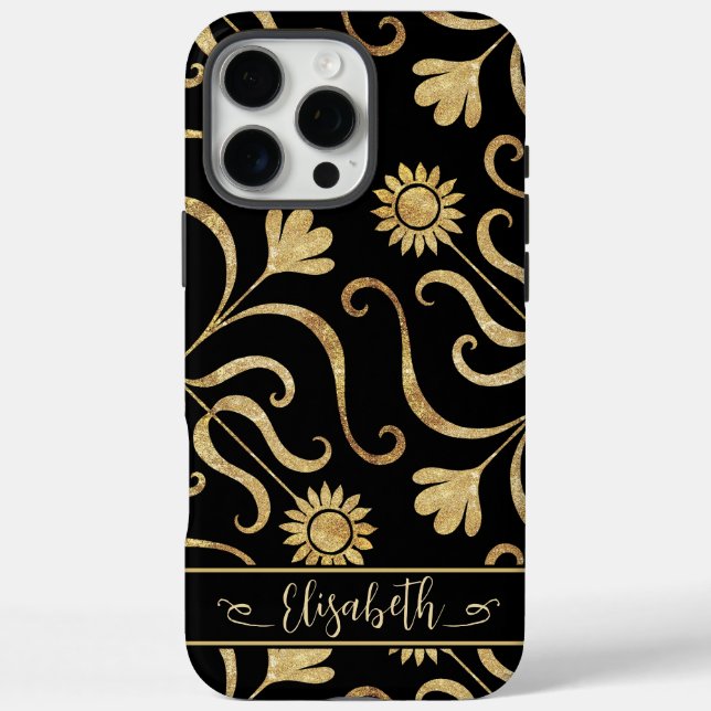 Gold Floral Damask Sunflower Classy Black Folk Art Case-Mate iPhone Case (Back)