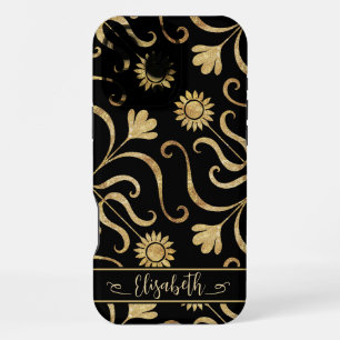 Gold Floral Damask Sunflower Classy Black Folk Art iPhone 16 Pro Max Case