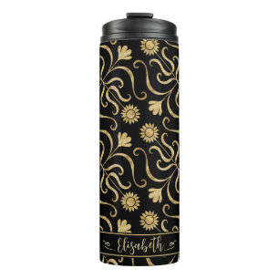 Gold Floral Damask Sunflower Classy Black Folk Art Thermal Tumbler