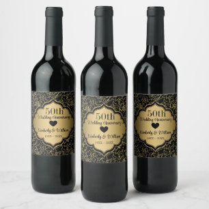 Gold Floral Damask Wedding Anniversary Wine Label