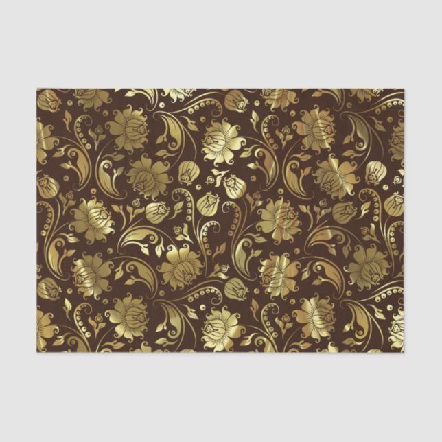 Gold Floral Damasks & Custom Brown Background Tissue Paper (Front)