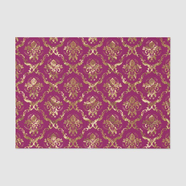 Gold Floral Damasks & Custom Deep Pink Background Tissue Paper (Front)