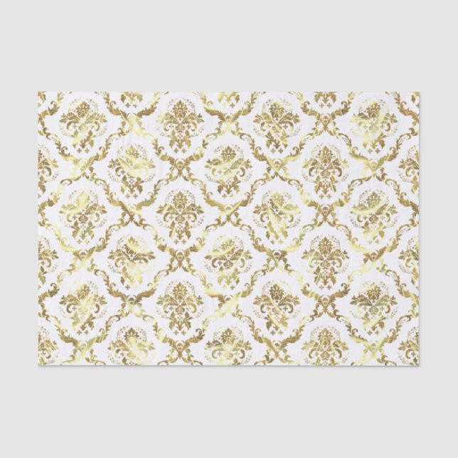 Gold Floral Damasks & Custom White Background Tissue Paper (Front)