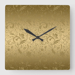 Gold Floral Damasks On Gold Background Square Wall Clock