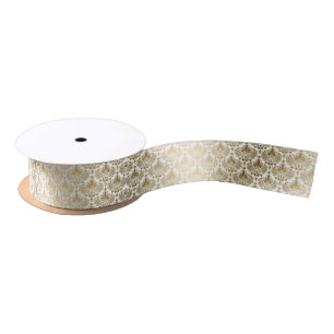 Gold Floral Damasks On White Background Satin Ribbon