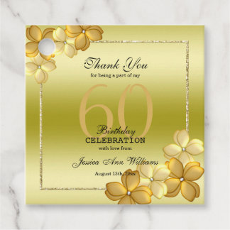 Gold Floral Decoration & Glitter 60th Birthday Favour Tags