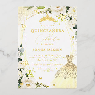 Gold Floral Dress quinceanera Foil Invitation