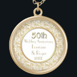 Gold Floral Elegance 50th Wedding Anniversary Gold Plated Necklace<br><div class="desc">Gorgeous gold and white fiftieth Wedding Anniversary Necklace with detailed gold floral lace over white border and white centre with gold circle accent. Customise the names and date text with your information.  Matching Anniversary invitations,  ornament and more in my store.</div>