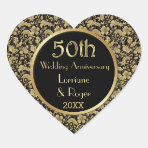 Gold Floral Elegance 50th Wedding Anniversary Heart Sticker