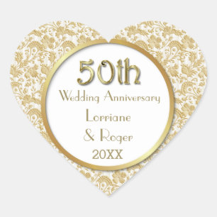 Gold Floral Elegance 50th Wedding Anniversary Heart Sticker