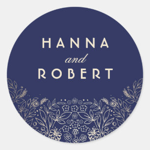 Gold Floral Elegant and Vintage Navy Wedding Classic Round Sticker