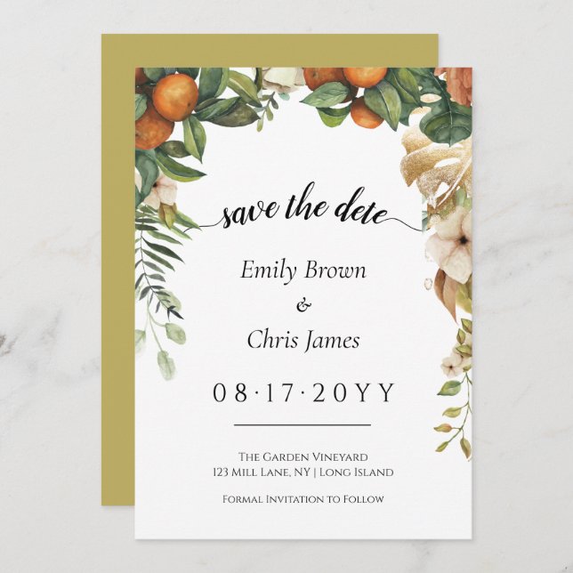 Gold Floral | Elegant Eucalyptus Greenery Save The Date (Front/Back)