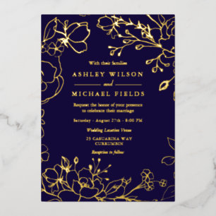 Gold Floral Elegant Navy Modern Wedding Real Gold