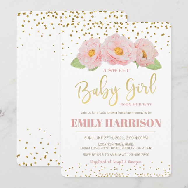 Gold Floral Elegant Sweet Baby Girl Shower Invitation (Front/Back)