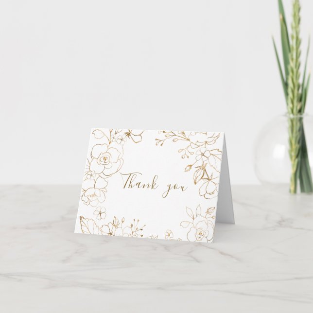 Gold Floral Elegant White Wedding Bridal Shower Thank You Card (Front)