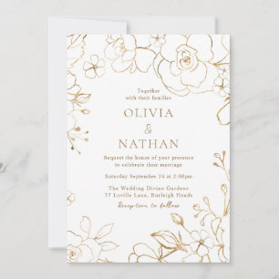 Gold Floral Elegant White Wedding Invitation