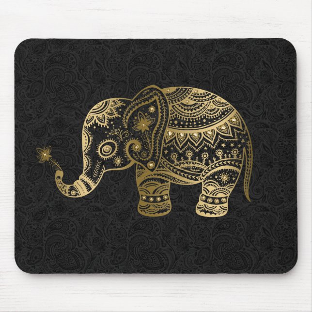 Gold Floral Elephant Black Background Mouse Pad (Front)