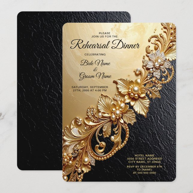 Gold Floral Embellishments Rehearsal Dinner Invitation (Front/Back)