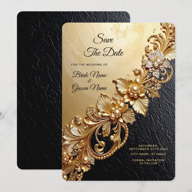 Gold Floral Embellishments Save The Date (Front/Back)
