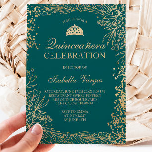 Gold floral emerald Tiara chic Quinceañera Invitation