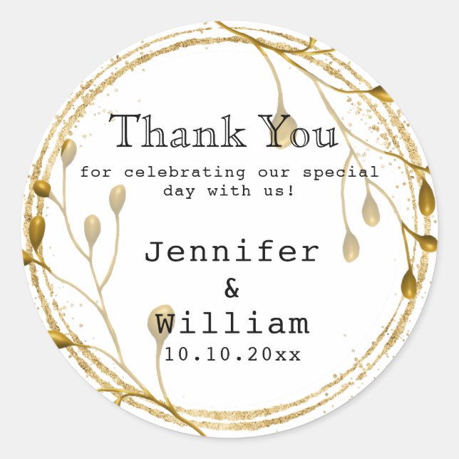 Gold Floral Eucalyptus Thank You Wedding Business Classic Round Sticker (Front)