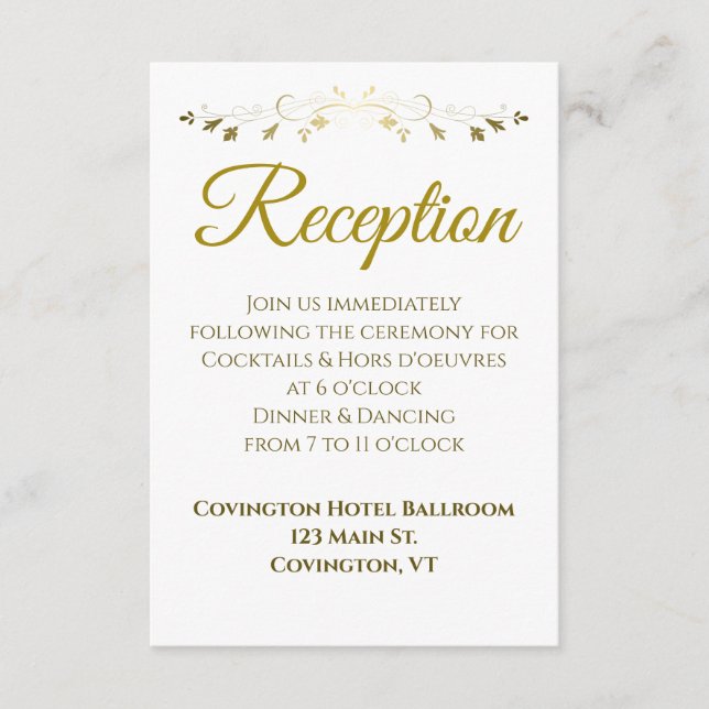 Gold Floral Filigree Border Wedding Reception Enclosure Card (Front)