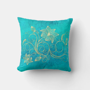 Gold Floral Filigree on Turquoise Cushion