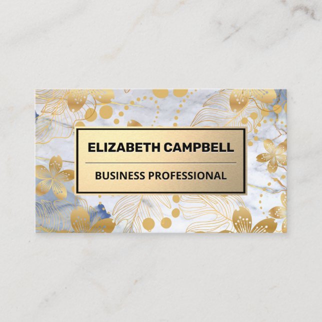 Gold Floral Foil Pattern | Blue Marble Texture Business Card (Front)
