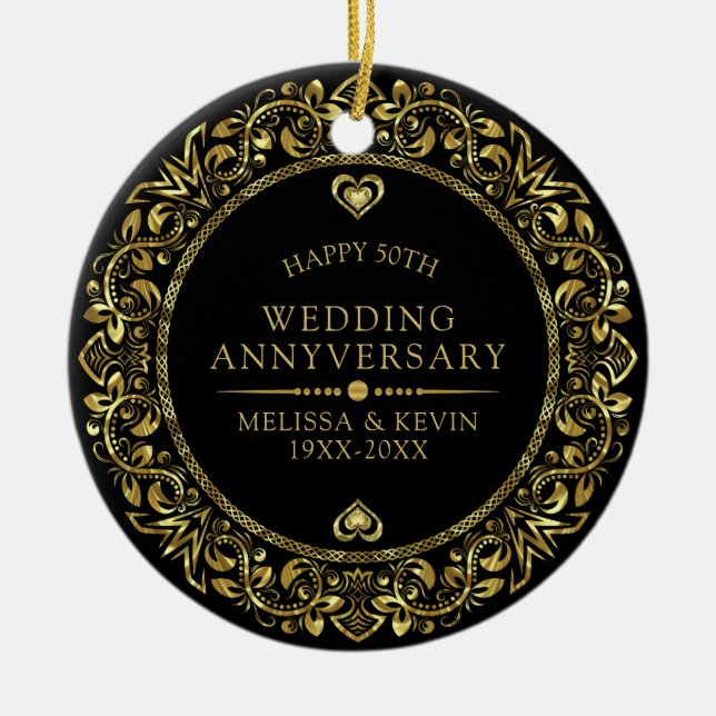 Gold floral frame 50th wedding anniversary ceramic ornament (Front)