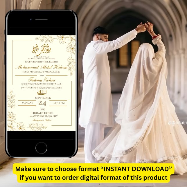 Gold Floral Frame Elegant White Paper Modern Nikah Invitation (Creator Uploaded)