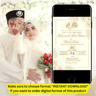 Gold Floral Frame Elegant White Paper Modern Nikah Invitation