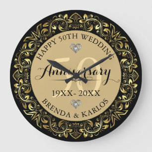 Gold Floral Frame Gold Wedding Anniversary Large Clock