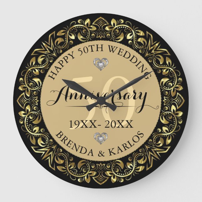 Gold Floral Frame Gold Wedding Anniversary Large Clock (Front)