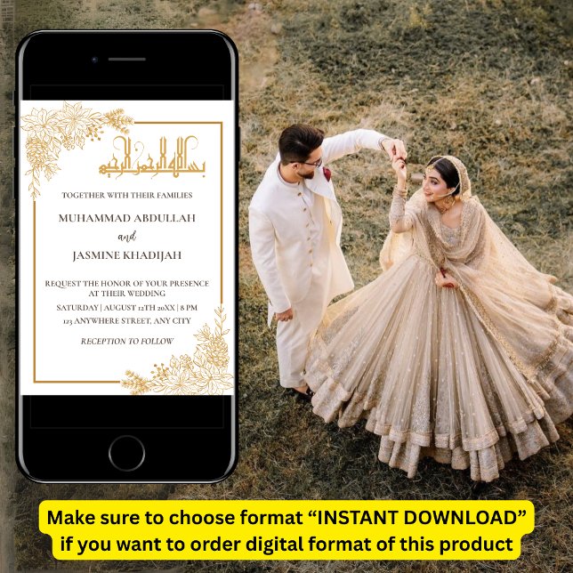 Gold Floral Frame Islamic Muslim Wedding Invitation (Creator Uploaded)