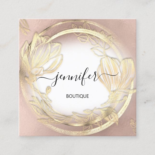 Gold Floral Frame QRCode Logo Rose White Square Business Card (Front)