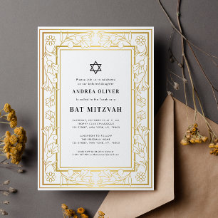 Gold Floral Frame Star of David Bar Bat Mitzvah Invitation