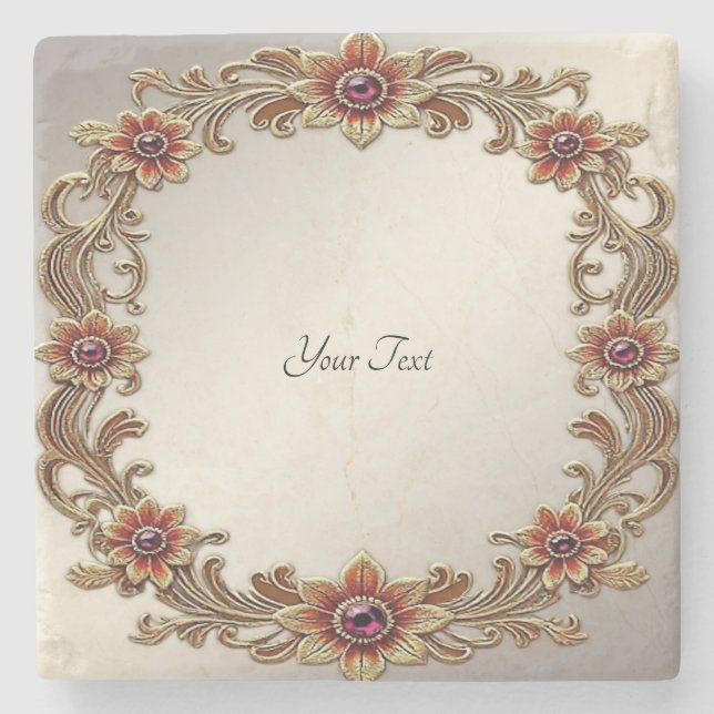 Gold Floral Frame Stone Coaster (Front)