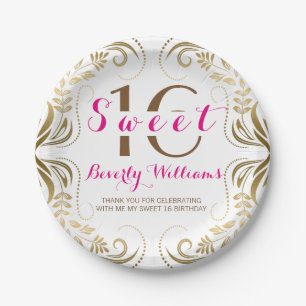 Gold Floral Frame Sweet 16 Template Paper Plate