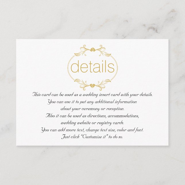 Gold floral frame wedding details insert card (Front)
