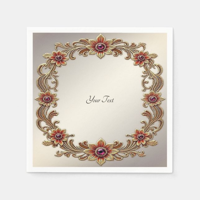 Gold Floral Frame with Red Stones Napkin (Front)