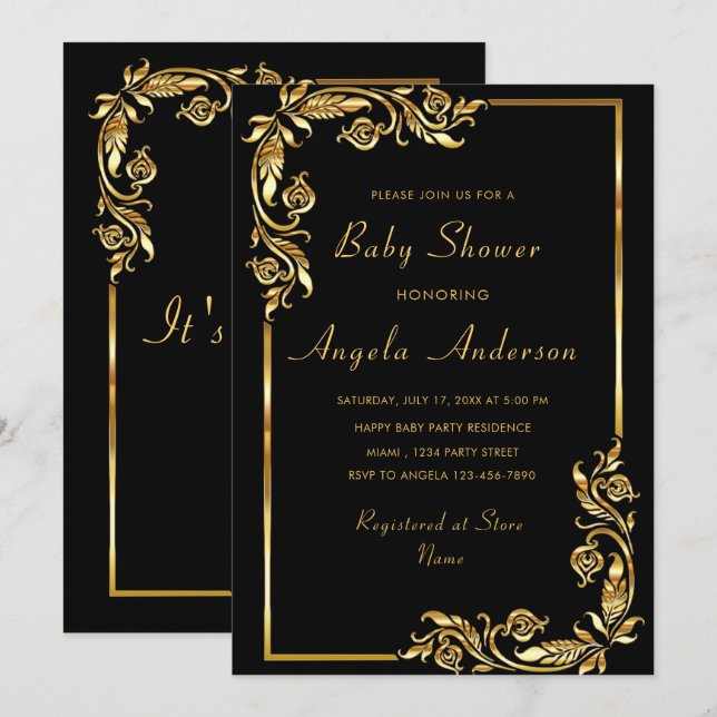 Gold Floral Framed Baby Girl Shower Invitation (Front/Back)