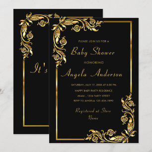 Gold Floral Framed Baby Girl Shower Invitation