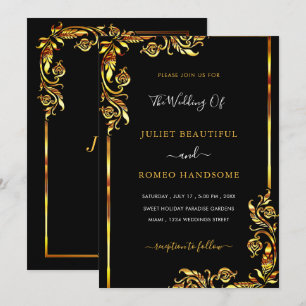 Gold Floral Framed Black Luxury Wedding Invitation