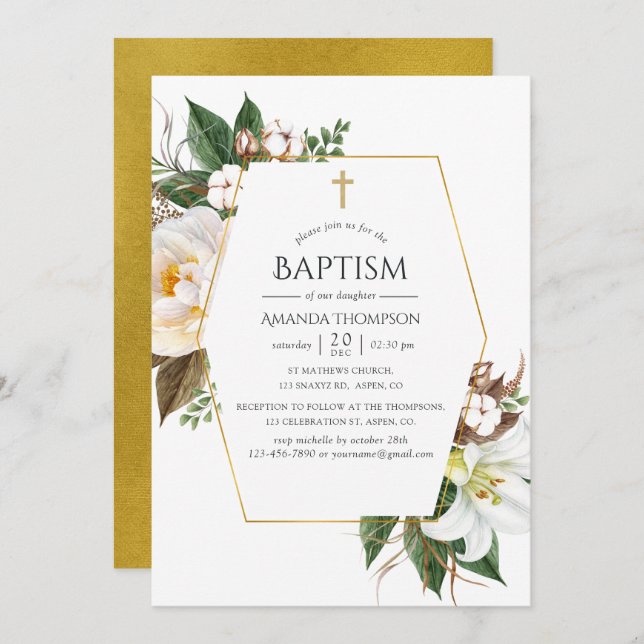 Gold Floral Geometric Baptism Invitation (Front/Back)