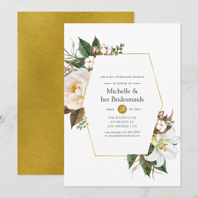 Gold Floral Geometric Bridesmaids Luncheon Invitation (Front/Back)