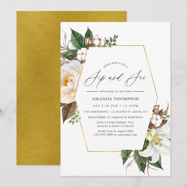 Gold Floral Geometric Sip and See Party Invitation (Front/Back)