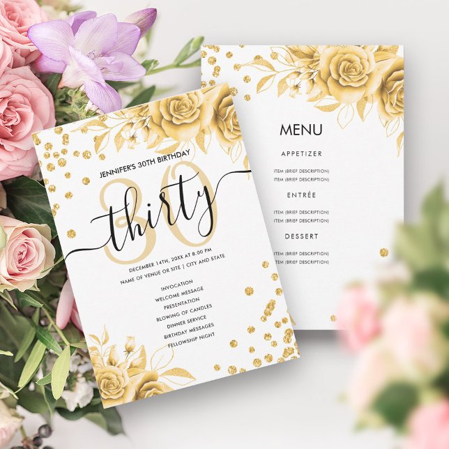 Gold Floral Glitter 30th Birthday Menu & Programs (Gold Floral Glitter 30th Birthday Menu & Programs)